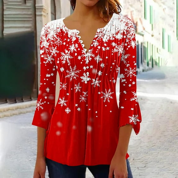 Shirts for Women Plus Size Christmas Long Sleeved Tunic Printed Casual V-neck Pullover Flowy Tunic Top Pleated Casual Blouses Loose Fit Dressy,Tops for Women Red XL