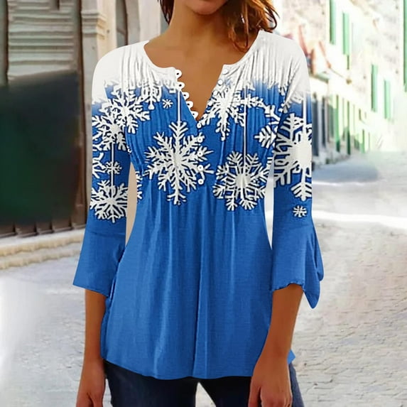 Shirts for Women Plus Size Christmas Long Sleeved Tunic Printed Casual V-neck Pullover Flowy Tunic Top Pleated Casual Blouses Loose Fit Dressy,Tops for Women Blue XL