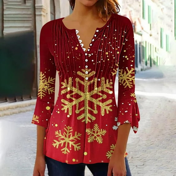 Shirts for Women Plus Size Christmas Long Sleeved Tunic Printed Casual V-neck Pullover Flowy Tunic Top Pleated Casual Blouses Loose Fit Dressy,Tops for Women Red XL