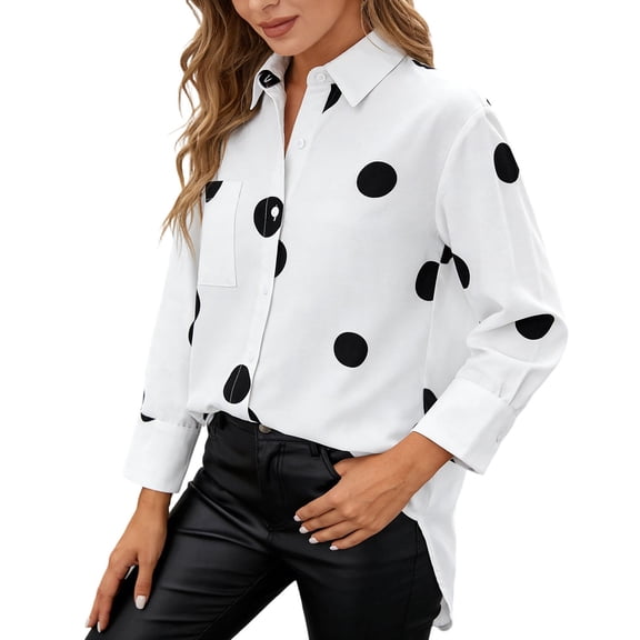 Shirts Women Polka Dot Long Sleeve Blouse for Women Turn Down Collar Elegant Soft Classic Design Casual Top White XL