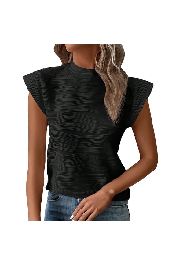 Shirts for Women Short Sleeved Half High Collar Textured Wavy Solid Color Chiffon Top T Shirt Light Soft Comfortable Loose Fit for All Occasions L Size Spring Summer Womens Tops