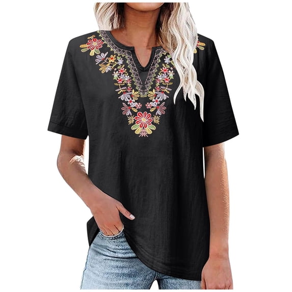 Shirts for Women Short Sleeved Summer Cotton and Linen Embroidered V Neck Artistic Loose Pullover T Shirt Breathable for Indoor Outdoor L Size Spring Summer Womens Tops