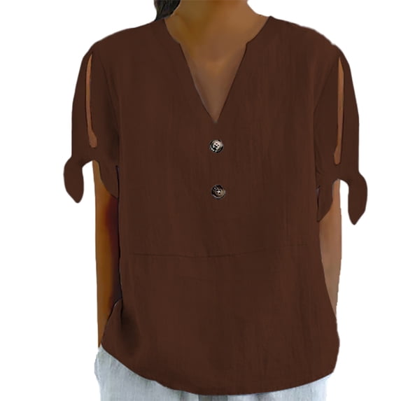 Shirts for Women Spring/Summer V Tie Button Side Sleeve fork Loose Casual Short Sleeve T Shirt Soft Polyester Lightweight Breathable Daily Top 2Xl Size Spring Summer Womens Tops