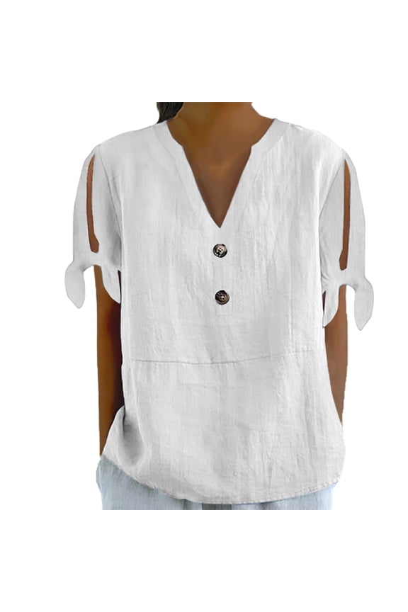 Shirts for Women Spring/Summer V Tie Button Side Sleeve fork Loose Casual Short Sleeve T Shirt Soft Polyester Lightweight Breathable Daily Top L Size Spring Summer Womens Tops