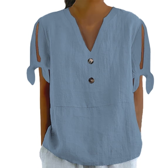 Shirts for Women Spring Summer V Tie Button Side Sleeve fork T Shirt Short Sleeve Loose Fit Soft Bamboo Hemp Breathable Casual Daily Wear Top L Size Spring Summer Womens Tops