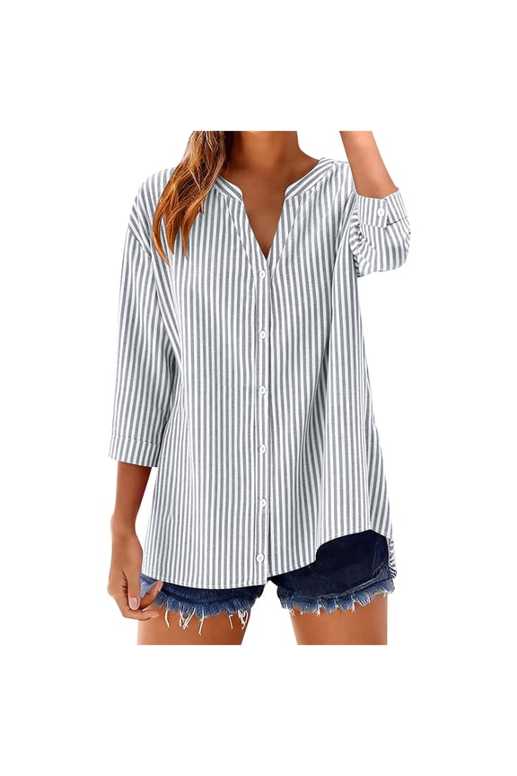 Shirts for Women Striped Cotton Linen Shirt Summer Tops V Neck 3/4 Sleeve Button Down Blouse Loose Tunic Top Ladies Dressy Casual Blouses Plain Smart Office Wear Trendy Clothes