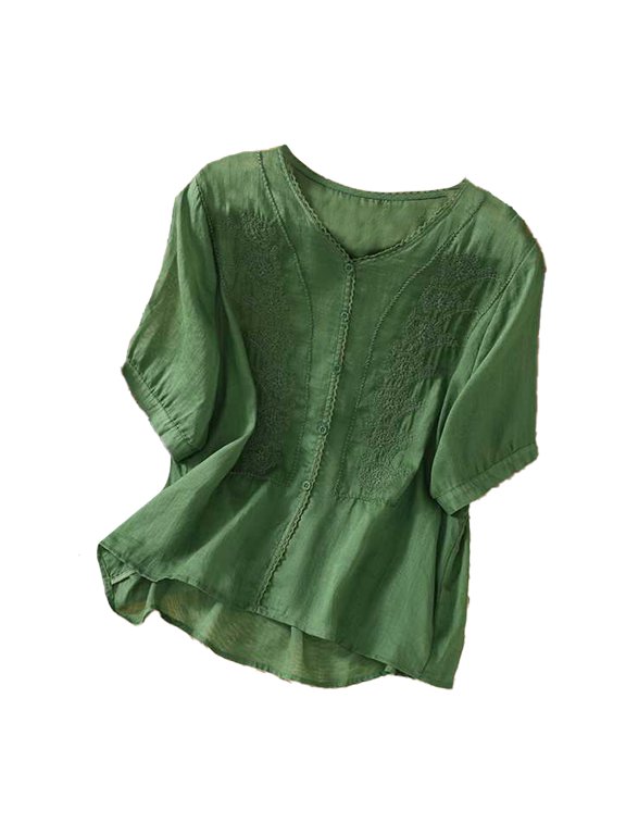 Shirts for Women Summer Short Sleeved Cotton and Linen Embroidered Literary Retro T Shirt Cotton Linen Blend Slim Loose Embroidered Casual Top Xl Size Spring Summer Womens Tops