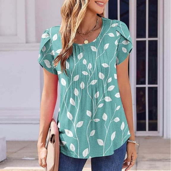 Shirts for Women Summer Spring Tops Ndbuld Women's Summer Casual V-neck Short Sleeved T-shirt Lace Printed Top T-shirt Short Sleeved V-neck Top/shirt Multicolor M