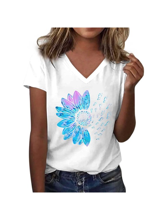 Shirts for Women Sunflower Pattern Crew Neck Loose Short Sleeve Graphic Tees Polyester Spandex Soft Breathable Casual Tee for Yoga Parties Coffee Cafe 2Xl Size Spring Summer Womens Tops