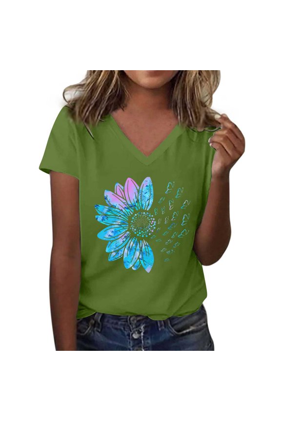 Shirts for Women Sunflower Pattern Crew Neck Loose Short Sleeve Graphic Tees Polyester Spandex Soft Breathable Casual Tee for Yoga Parties Coffee Cafe 3Xl Size Spring Summer Womens Tops