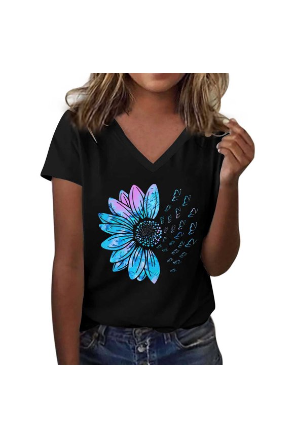 Shirts for Women Sunflower Pattern Crew Neck Loose Short Sleeve Graphic Tees Polyester Spandex Soft Breathable Casual Tee for Yoga Parties Coffee Cafe L Size Spring Summer Womens Tops