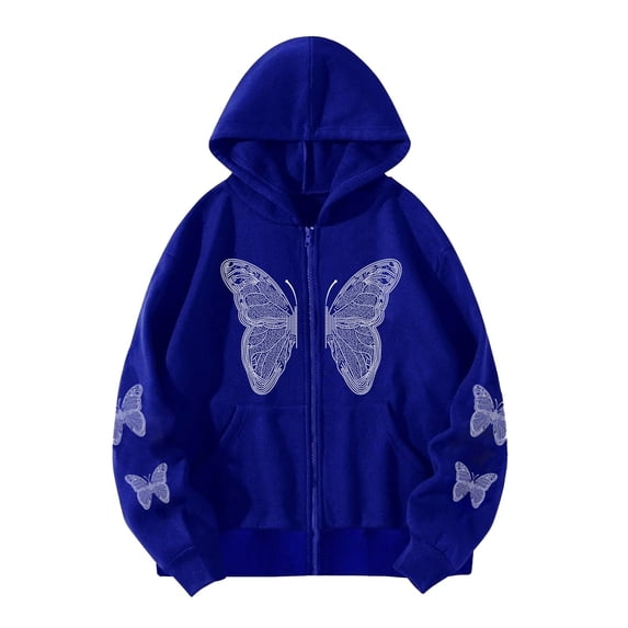 Shirts for Women Trendy Plus Size Fall Loose Fit Hooded Long Sleeve Bell Off the Shoulder Hoody Butterfly Print Leisure Polyester Hoodies Sweatshirts(Blue,XXL)