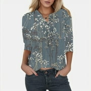 Shirts for Women Trendy Vest Printed leisure fashion button V-neck flower Tops Dressy Women's Teens Tshirt Lined Shirts Spring Summer , Tops for Women Trendy,Blue,XL