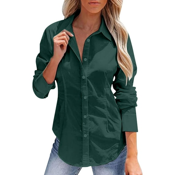 Shirts for Women Trendy, Yigetop Fall Long Sleeve Shirts for Women Cotton Linen Button Down Blouses Ruched Stand Collar Tops Blusas Elegantes Para Mujer Blackish Green, L