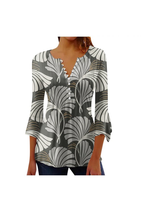 Shirts for Women V Neck Bell Sleeve Pleated Button Tee Polyester Spandex Irregular Hem Soft Lightweight Top for Spring Summer Fall 2Xl Size Spring Summer Womens Tops