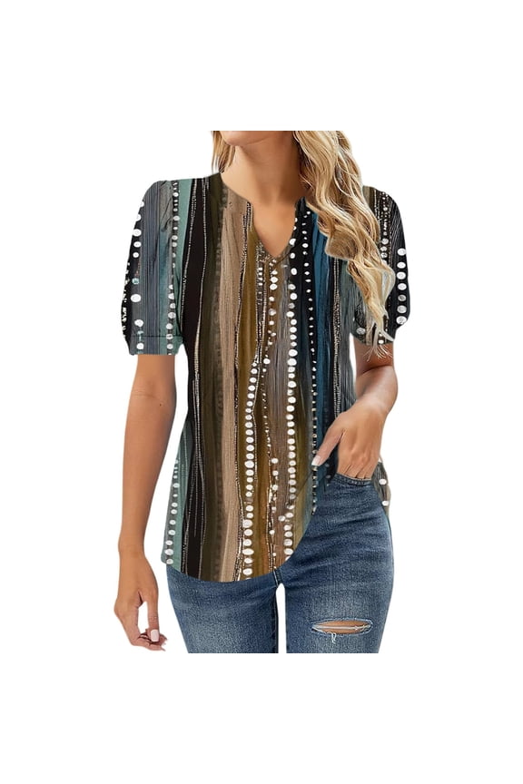 Shirts for Women V Neck Floral Printed Blouse Pleated Puff Short Sleeve Tunic Top Stretch Polyester Spandex Rayon Blend Casual Shirt L Size Spring Summer Womens Tops
