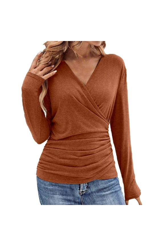 Shirts for Women V Neck Ruched Tops Wrap Shirts Summer Casual Fitted T Shirts Polyester Spandex Cotton Blend Daily Tee M Size Spring Summer Womens Tops