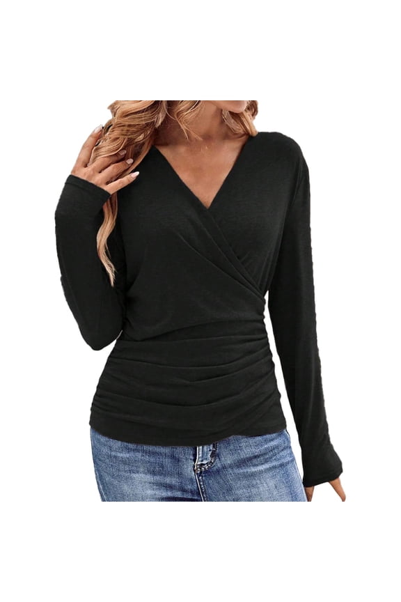 Shirts for Women V Neck Ruched Tops Wrap Shirts Summer Casual Fitted T Shirts Polyester Spandex Cotton Blend Daily Tee M Size Spring Summer Womens Tops