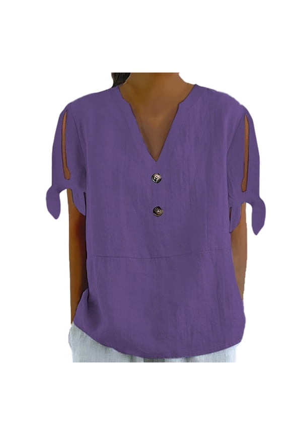 Shirts for Women V Tie Button Side Sleeve fork Short Sleeve T Shirt Spring Summer Loose Fit Soft Bamboo Hemp Breathable Casual Daily Wear Top M Size Spring Summer Womens Tops