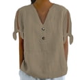 thumbnail image 1 of Shirts for Women V Tie Button Side Sleeve fork Short Sleeve T Shirt Spring Summer Loose Fit Soft Bamboo Hemp Breathable Casual Daily Wear Top M Size Spring Summer Womens Tops, 1 of 5