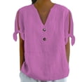 thumbnail image 1 of Shirts for Women V Tie Button Side Sleeve fork Short Sleeve T Shirt Spring Summer Loose Fit Soft Bamboo Hemp Breathable Casual Daily Wear Top Xl Size Spring Summer Womens Tops, 1 of 5