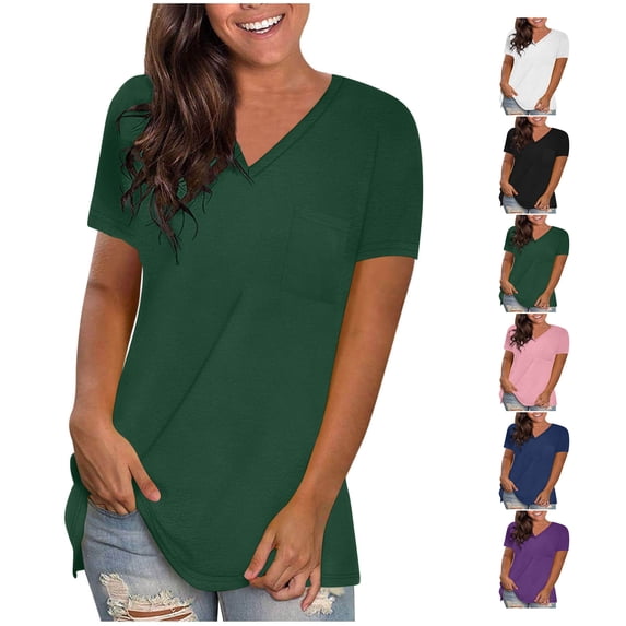 Summer Casual Tee Tops for Womens T Shirts 2026 Vmvidoty Women's Core Active Short Sleeve V-Neck Shirts Cute Fit Short Sleeve Shirts Army Green XXL