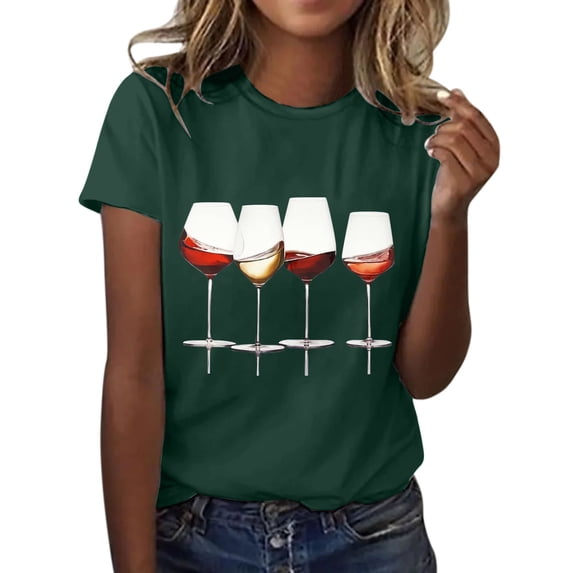 Shirts for Women Wine Glass Printed Short Sleeve T Shirt Round Neck Lightweight Soft Cotton Polyester Casual Summer Top 2Xl Size Spring Summer Womens Tops