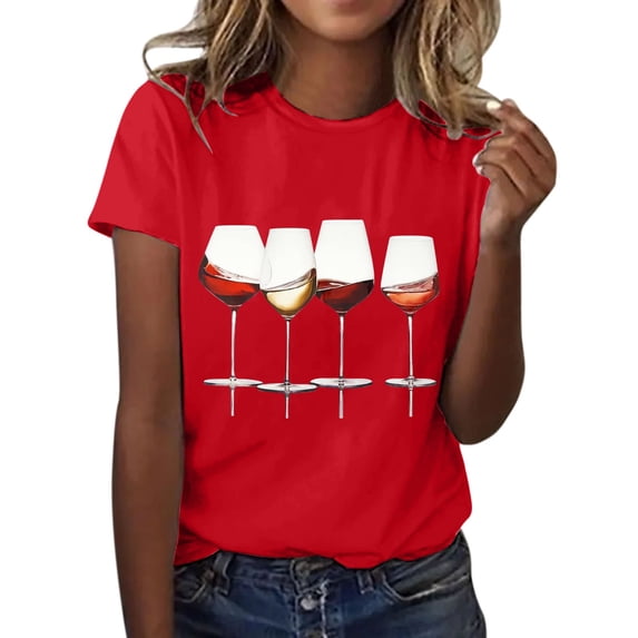 Shirts for Women Wine Glass Printed Short Sleeve T Shirt Round Neck Lightweight Soft Cotton Polyester Casual Summer Top Xl Size Spring Summer Womens Tops