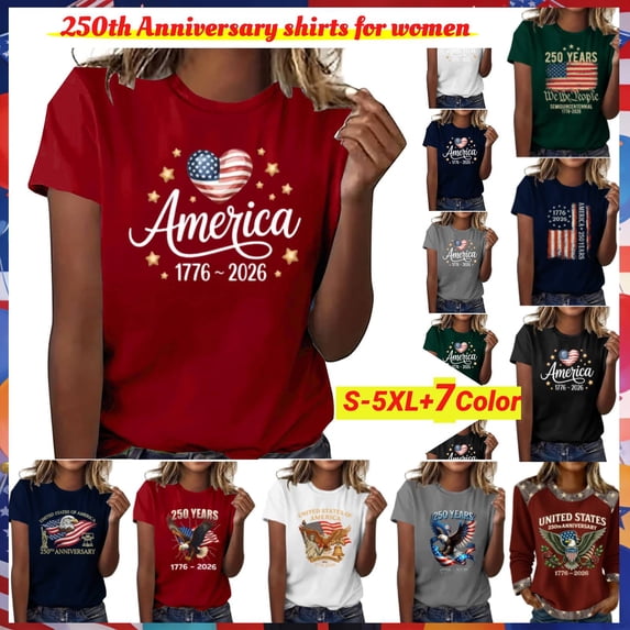 Shirts for Women,Women's US National Flag Anniversary T-Shirt, Loose Fit Printed Short Sleeve Graphic Tee, Soft Lightweight Comfort Top, July 4th Holiday Parade, 1776-2026 Commemorative Gift