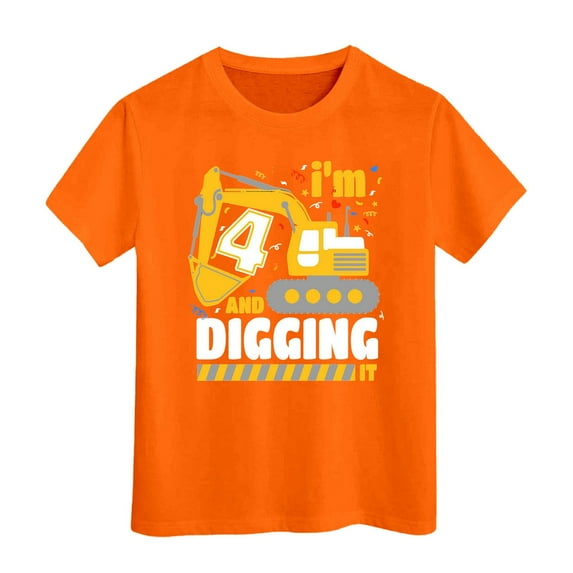 Shirts for Boys Short Sleeve Top Comfortable Cartoon Car Truck Excavator Shirt T Shirt Tops Cute Baby Boy Clothes 10-11 Years Orange