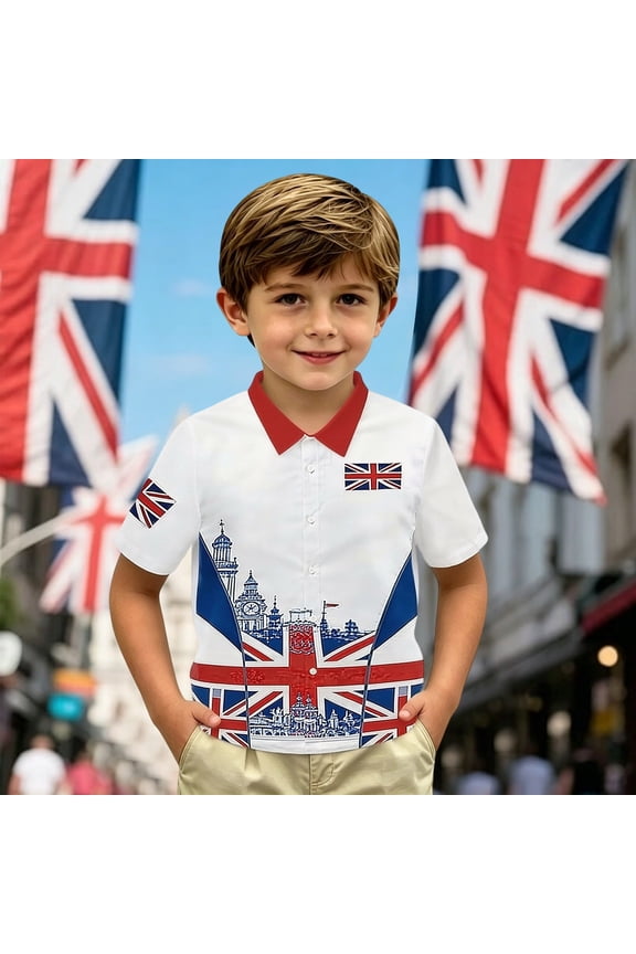 Shirts for Boys UK Print Shirts Short Sleeve Collar White 250th Summer Breathable Lightweight Trendy Shirts for Boys Size 2-3 Y