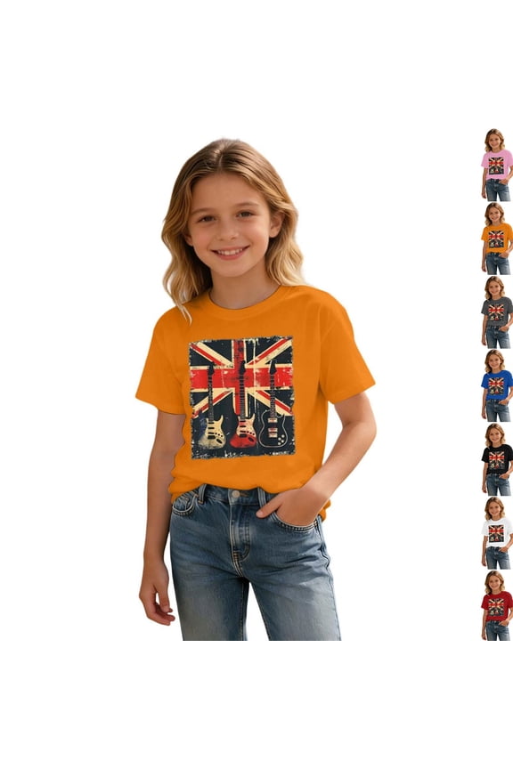 Shirts for Boys and Girls Vintage Guitar Union Jack Rock Guitarist T-Shirt for Kids Summer Fashion Tees (Orange 3-4 Years)