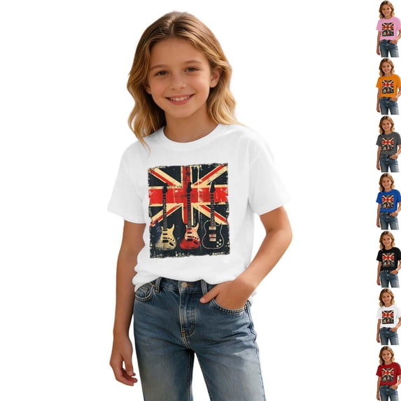 Shirts for Boys and Girls Vintage Guitar Union Jack Rock Guitarist T-Shirt for Kids Summer Fashion Tees (White 10-11 Years)