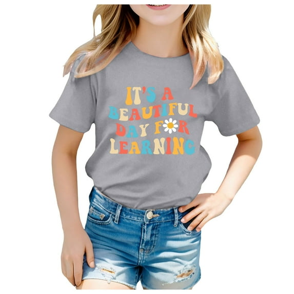 Shirts for Girls 10-12 Girls Kids School Season Back To School Season Printed Casual Short Sleeve Top T Shirt Z01-Grey, 150