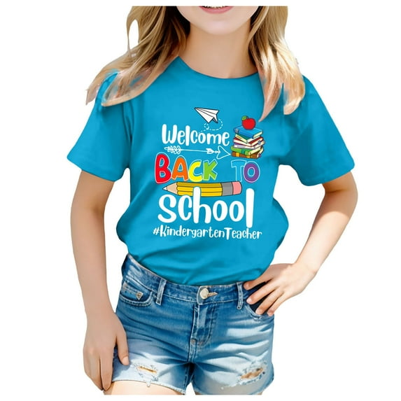 Shirts for Girls 10-12 Girls Kids School Season Back To School Season Printed Casual Short Sleeve Top T Shirt Z03-Blue, 150