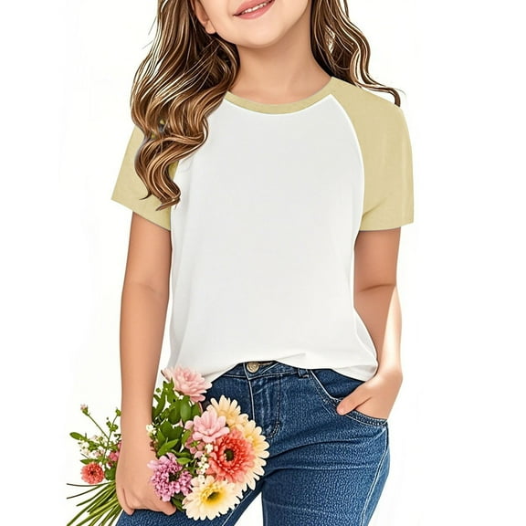Shirts for Girls 10-12 Girls Round Neck Blouse Short Sleeve Shirts Color Block Shirt Plus Size Top for Girls 14-16 New & Trending
