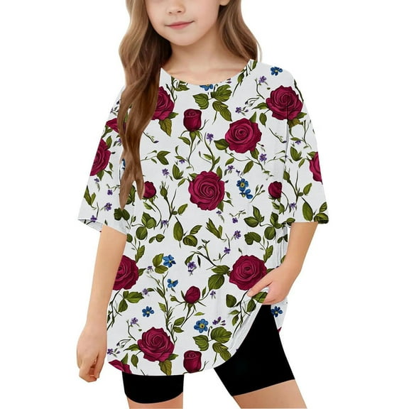 Shirts for Girls 10-12 Round Neck Tee Short Sleeve Tee Shirts for Teens Floral Print Blouses Girls Tops Size 10-12 reorder items