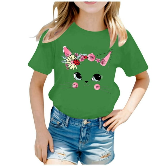 Shirts for Girls 12-14 Years Short Sleeve T-Shirt Preppy Clothes Cute Cat Shirt Summer Casual Loose Soft T Shirt Tops Green