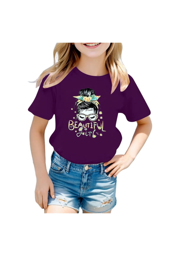 Shirts for Girls 14-16 Girls Cute Graphic Print Round Neck Short Sleeve Tee Summer Casual T Shirt Z3-Purple, 130