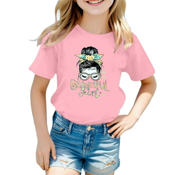 Shirts for Girls 14-16 Girls Cute Graphic Print Round Neck Short Sleeve Tee Summer Casual T Shirt Z4-Pink, 100