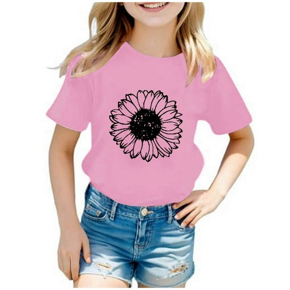 Shirts for Girls 14-16 Kids Boys Girls Casual Sunflower Print Crew Neck Short Sleeve TShirt Top Pink, 13-14 Years