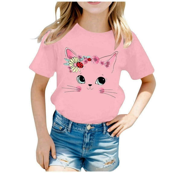 Shirts for Girls 2-4 Years Short Sleeve T-Shirt Preppy Clothes Cute Cat Shirt Summer Casual Loose Soft T Shirt Tops Pink