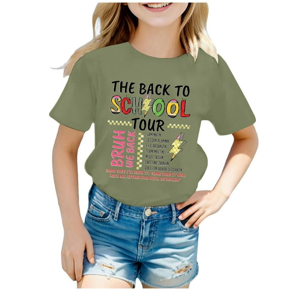 Shirts for Girls 5T Children's School Season Printed Short Sleeved Round Neck T Shirt Light Green, 6-7 Years