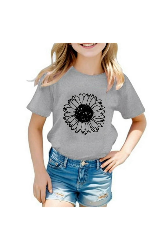 Shirts for Girls 5T Kids Boys Girls Casual Sunflower Print Crew Neck Short Sleeve TShirt Top Grey, 7-8 Years