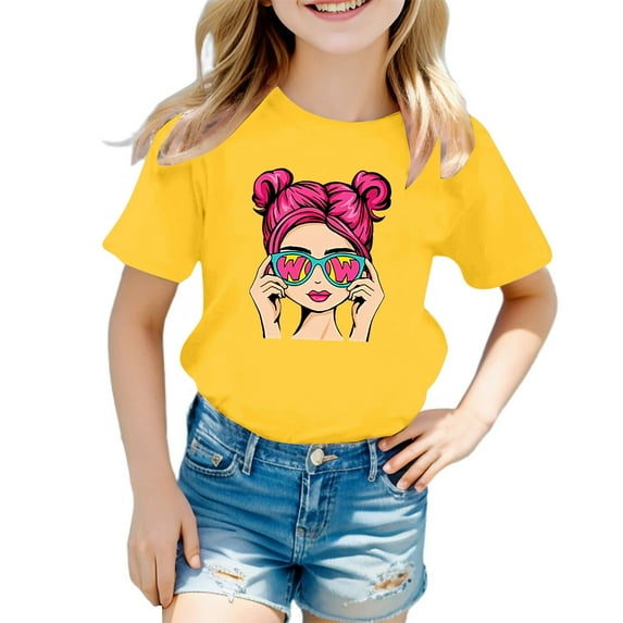 Shirts for Girls 5T Toddler Boys Girls Prints Short Sleeve Cat Prints T Shirt Tops Clothes Z1-Yellow, 5-6 Years