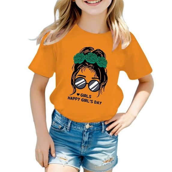 Shirts for Girls 8-10 Kid Girls Cute Graphic Printed Round Neck Short Sleeve Tee Summer Casual T Shirt Tops Orange, 11-12 Years