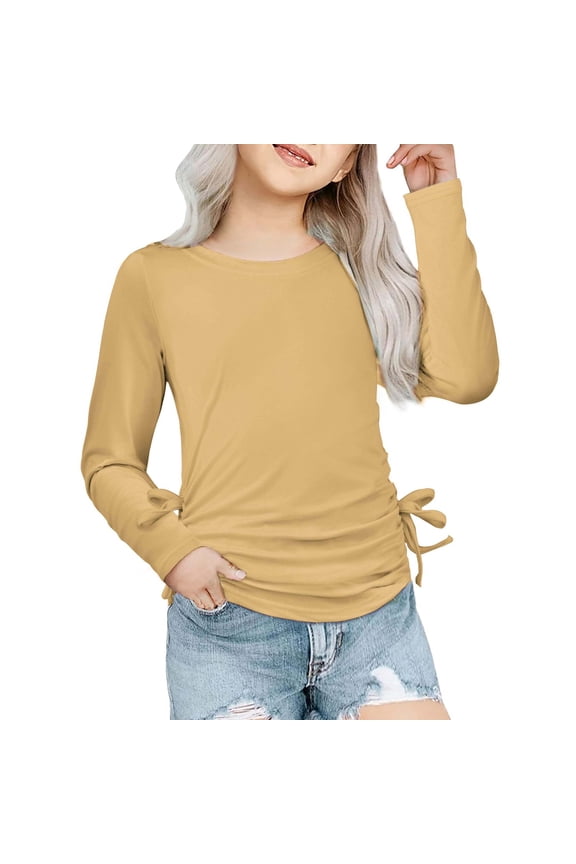 Shirts for Girls Child Kids Long Sleeve Crew Neck Ruched Knot Side T Shirt Casual Loose Top Size 3 Y-4 Y
