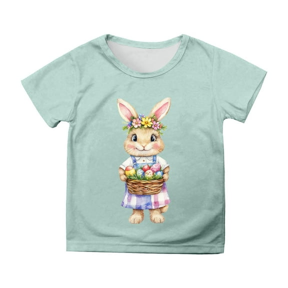 Shirts for Girls Easter Shirts Short Sleeve Crewneck Cute Bunny Letter Print Girls Graphic Tees Boys White Shirt for Kids 6-7 Years