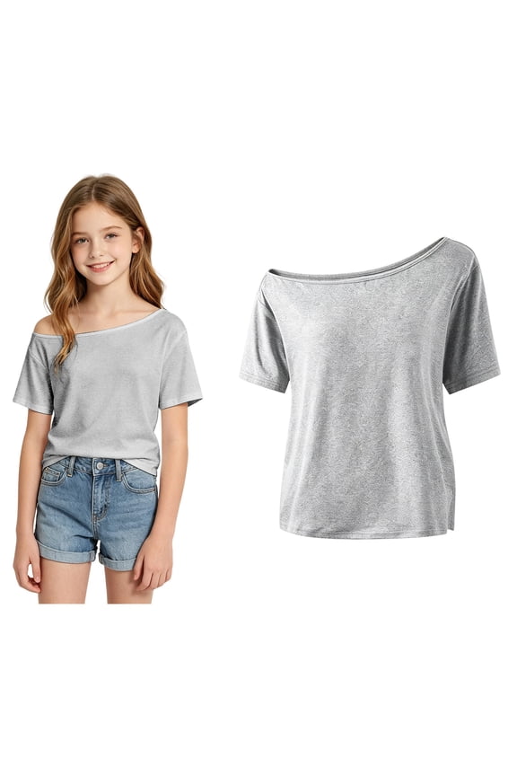 Shirts for Girls High Neck Short Sleeve Kids Grey T Shirt Casual Base Girls Outfits Size 7-8 Years