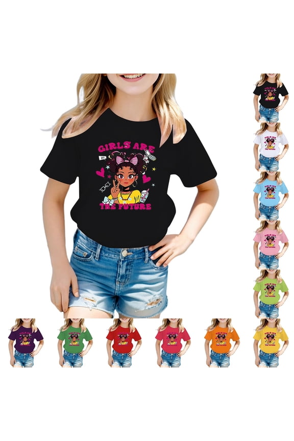 Shirts for Girls Kids Cartoon Character Print Short Sleeve Crew Neck Washable Relaxed Fit Multi Occasion Top Girls' Tops